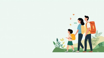 Kids exploring nature with parents, outdoor homeschool education, flat design illustration