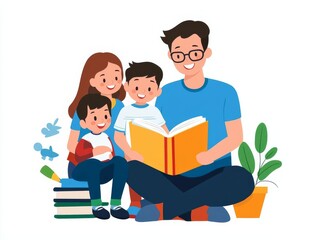 Parents teaching kids, cozy home learning environment, flat design illustration