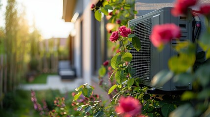 Close-up of an air conditioner, on the wall of a building in the bushes.