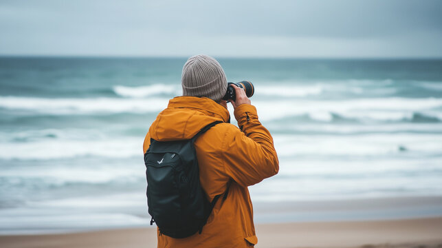 A male photographer with a beanie and a backpack takes photos by the beach on a cloudy day. - Powered by Adobe