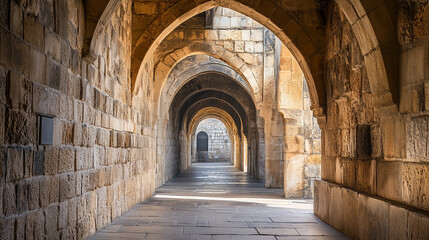 Obraz premium An ancient stone corridor with a series of beautifully lit archways creating a striking play of light and shadow.