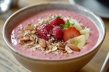 Smoothie Bowl, A thick smoothie made from blended fruits, yogurt, and sometimes vegetables, served in a bowl and topped with granola, seeds, nuts, and fresh fruit