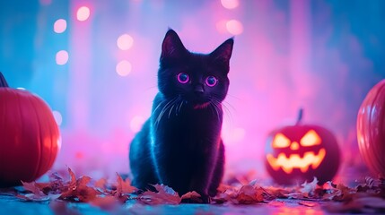 Enchanted Black Cat with Neon Glow Amidst Haunting Halloween Decor