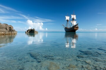 Obraz premium A majestic pirate ship with white sails is anchored in a pristine lagoon, surrounded by rocky outcroppings. The calm, clear turquoise water reflects the blue sky and fluffy white clouds, creating a se