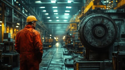 Night Shift Grit: Factory Worker Operating Massive Press Machine under Bright Lights - Industrial Photography with High Contrast