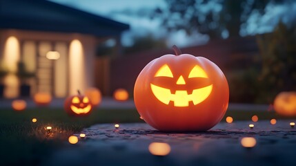 Fototapeta premium Glowing Halloween Pumpkins with Animated Faces Lighting up the Autumn Night Yard