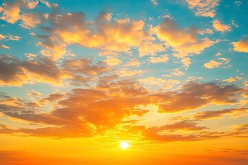 Sunset sky clouds in the evening summer with Orange, Yellow sunlight in Golden hour or morning sunrise, Horizon sky nature background , ai