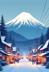 Fototapeta premium Japanese Winter Cityscape: Mount Fuji, Snow, Christmas Atmosphere