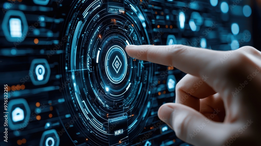 Poster futuristic interface with finger touching interactive digital screen