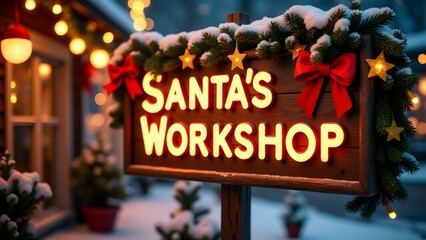 Festive "Santa's Workshop" signs glowing with lights, surrounded by snow and holiday decorations