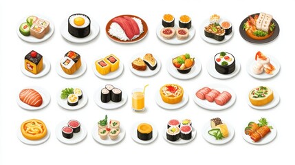Assortment of Sushi and Japanese Delicacies on White Plates