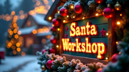 Festive "Santa's Workshop" signs glowing with lights, surrounded by snow and holiday decorations