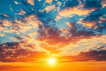 Obraz premium Sunset sky clouds in the evening summer with Orange, Yellow sunlight in Golden hour or morning sunrise, Horizon sky nature background , ai