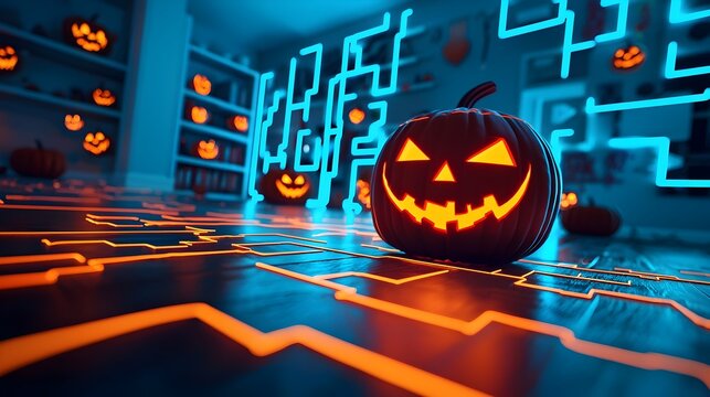 Neon-Lit Jack-o'-Lanterns and Futuristic Halloween Decor with Glowing Circuit Patterns