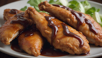crispy chicken tenders on a plate with barbeque sauce