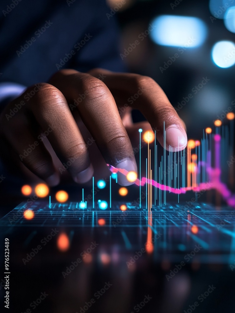 Poster a hand interacts with a digital dashboard, showcasing dynamic data visualization through graphs, cha