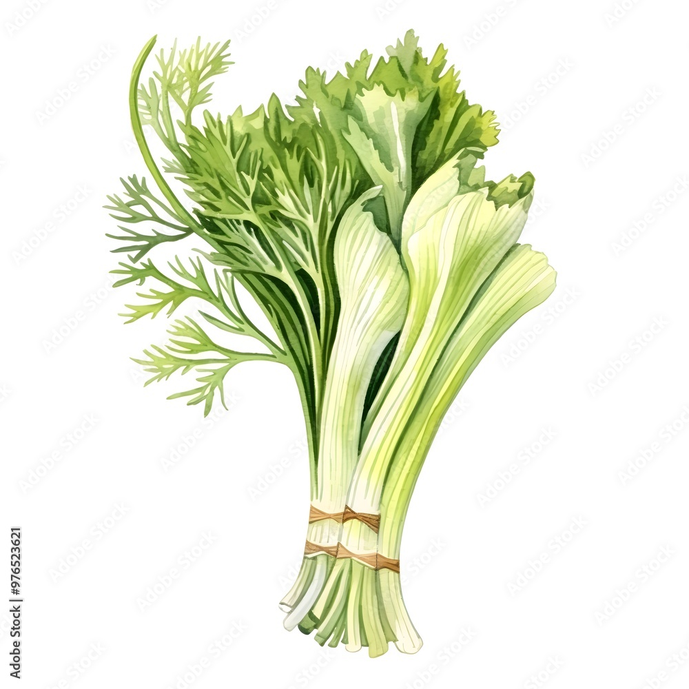 Wall mural watercolor of fresh green fennel frond on white background