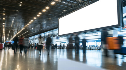 A busy airport terminal with blurred figures walking past a large blank advertising screen, capturing the essence of travel and movement.