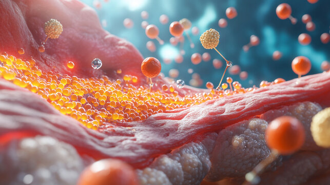 A vibrant microscopic view showcasing the intricate details of cells and particles interacting in a dynamic biological environment.