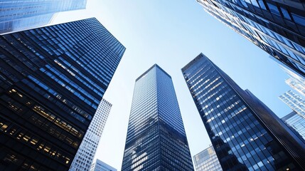 Fototapeta premium Modern Skyscrapers with Blue Glass Facades in Urban City Skyline