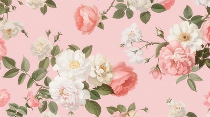 Floral Elegance, a delicate wallpaper design featuring pink and white blooms intertwined with lush green leaves against a soft pink backdrop, ideal for brightening any space.