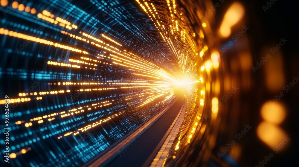Poster a futuristic digital highway with a tunnel of glowing code and light, symbolizing data flow, connect