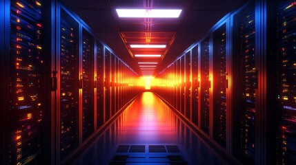 Fototapeta premium A futuristic data center with rows of servers illuminated by neon lights, symbolizing the heart of digital infrastructure, connectivity, and advanced technology.
