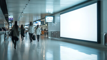A busy airport terminal with travelers walking past digital billboards in a modern and well-lit environment.