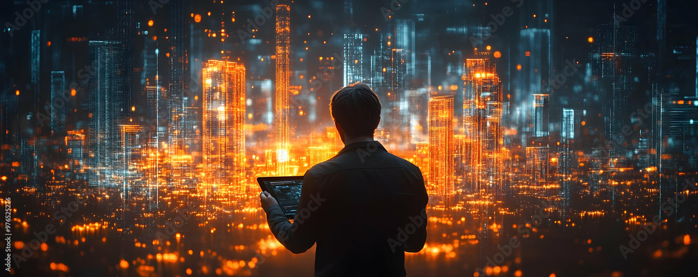 Poster abstract illustration of data architect examining cityscape code on a tablet