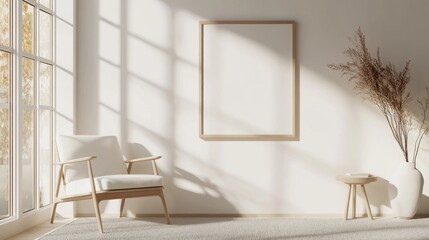 Minimalist Living Room with a Wooden Chair and a Blank Frame