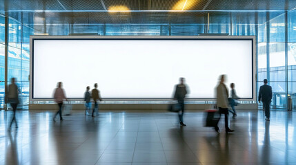 Busy airport terminal with a large blank advertisement screen and travelers in motion, perfect for marketing and travel themes.