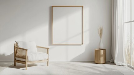 Minimalist Living Room with Wooden Chair and Empty Frame