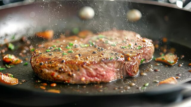 Juicy steak cooking in a skillet with fresh herbs and spices in a home kitchen