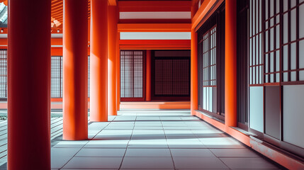 Brightly lit corridor with red columns and traditional Japanese architecture creates a serene yet vibrant atmosphere.