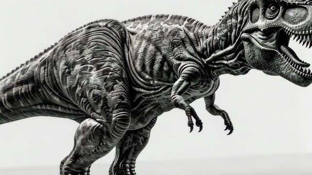 A detailed 3D rendering of a Tyrannosaurus Rex in a minimalist setting showcasing its anatomy and features