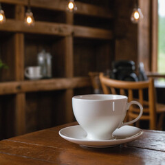 A cup of tea on a wooden table in a cafe against a blurry golden background 