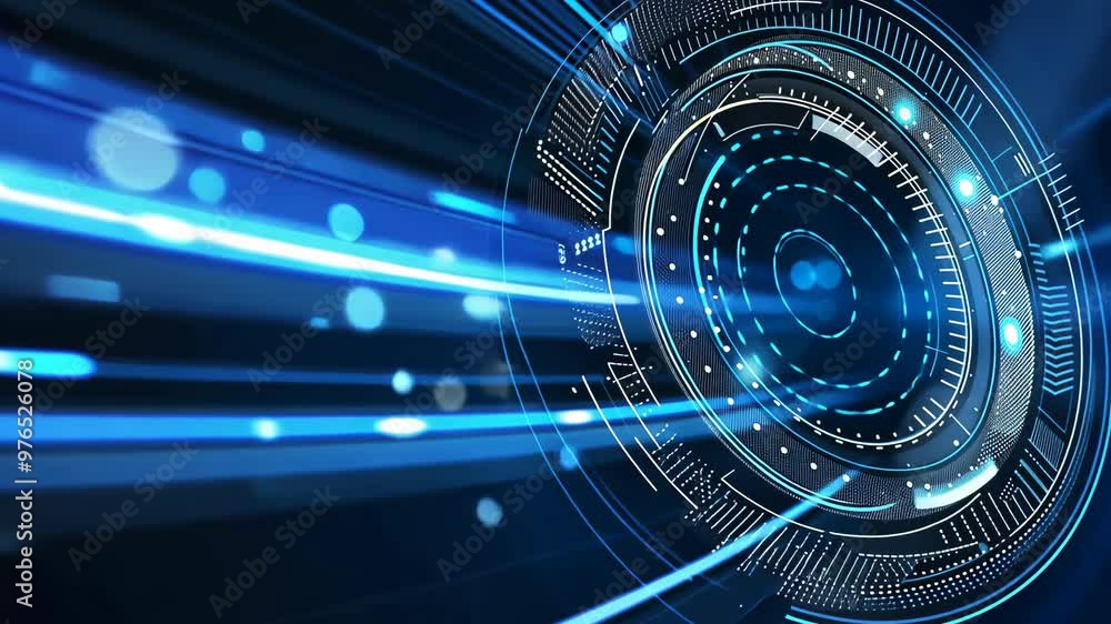 Poster exploring futuristic technology with vibrant blue lights and dynamic patterns in a high-tech environ