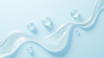 Artistic close-up of liquid with smooth flow and droplets on a soft blue background, perfect for skincare and beauty concepts.