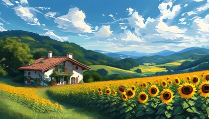 Charming countryside house surrounded by a blooming sunflower field and lush green hills under a vibrant blue sky