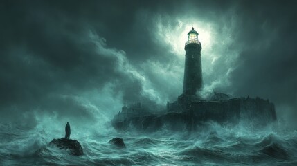 Eerie Haunted Lighthouse: Ghostly Figure at Cliff's Edge under Moonlit Sky