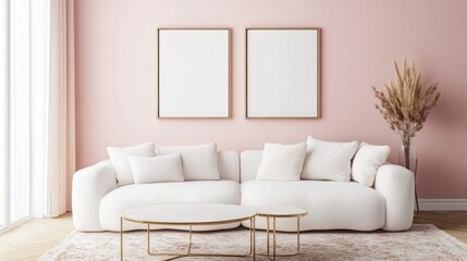 Modern Living Room with Pink Wall and White Sofa