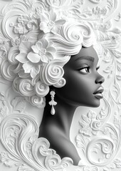 A sculptural portrait of a woman with floral elements.