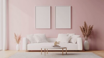 Minimalist Living Room Interior Design with White Sofa and Pink Wall