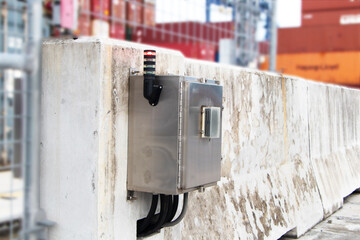 Explosion proof junction box aluminum attached to outdoor concrete base. Electrical box with cable route application. Weatherproof Instrument box contain analog signal red and green warning lights.