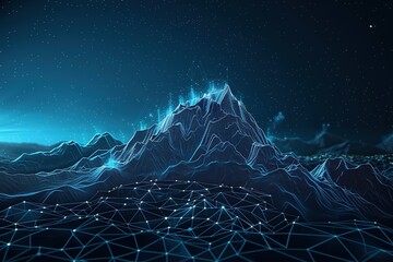 Abstract Low poly wireframe landscape with mountains and lights, Ai generated