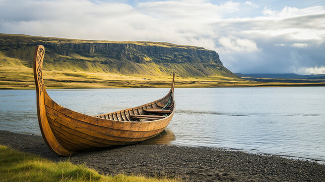 A wooden Viking longship resting on the shore of a tranquil lake, with stunning mountain scenery in the background under a partly cloudy sky.