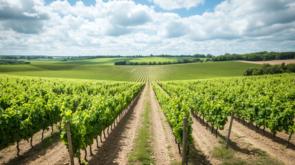 Fototapeta premium Beautiful vineyard with rows of lush, green grapevines under a partly cloudy sky, creating a serene and picturesque landscape.