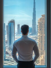 Fototapeta premium Man Looking Out at Dubai Skyline from High-Rise Window
