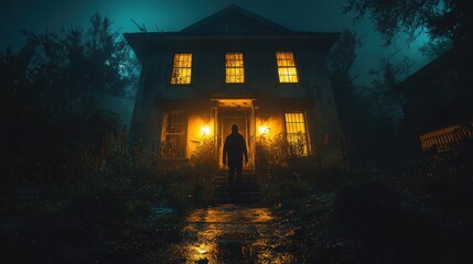 Eerie Haunted House with Ghostly Figure in Overgrown Garden at Night - Sinister Abandoned Building with Spooky Atmosphere