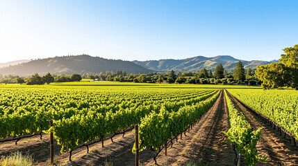 Naklejka premium Lush green vineyard rows under a clear blue sky with scenic mountains in the background during a bright sunny day.